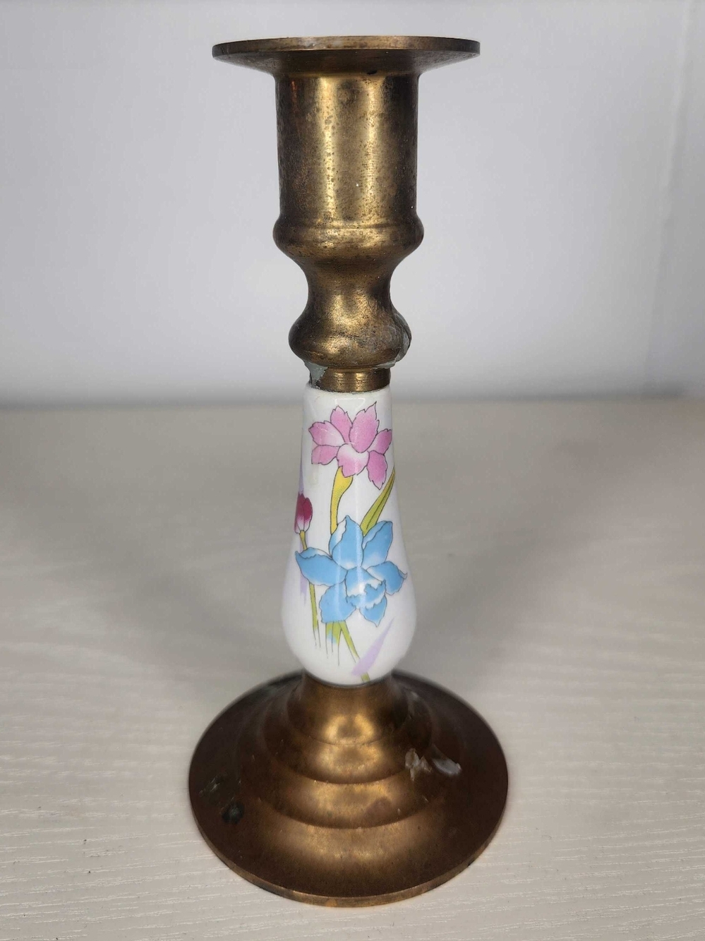 Vintage Brass Candlestick Holder Porcelain Floral Insert Japan Style